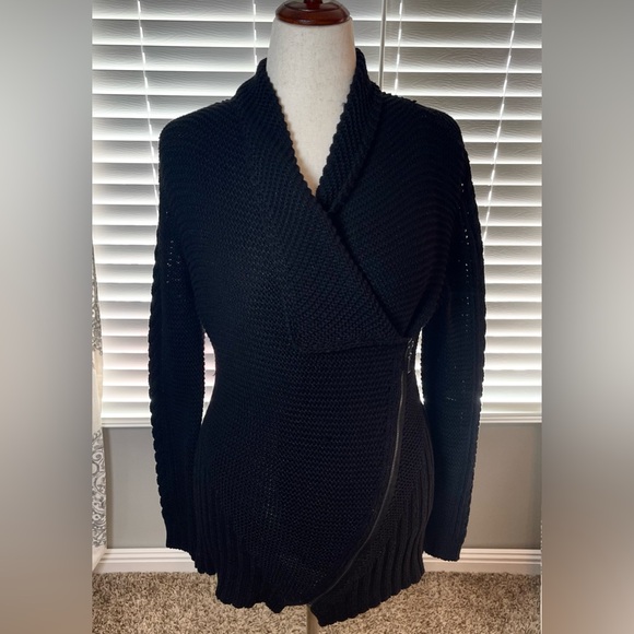 Rachel Roy Black Moto Knit Sweater Jacket Large Asymmetrical Zip Chunky Knit - Picture 1 of 15